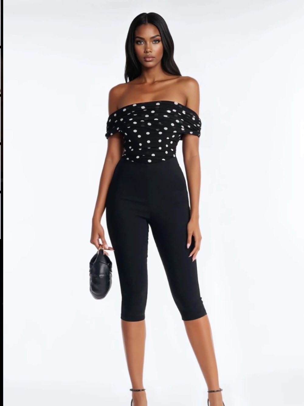 Fashion Nova Off the Shoulder Polka Dot Mesh Bodysuit Black/White